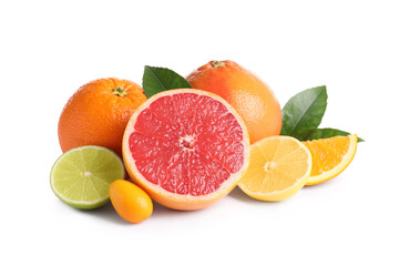 Fototapeta na wymiar Fresh juicy citrus fruits with green leaves on white background