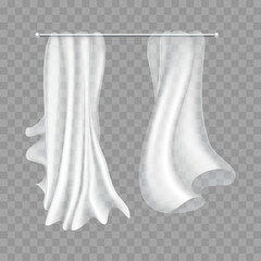 Flying curtains. Smooth chiffon cloths isolated on transparent background. Realistic silk material with folds smooth waving on breeze. Realistic clear material for window home decoration