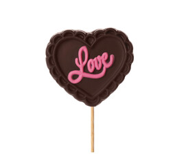 Heart shaped lollipop made of chocolate isolated on white