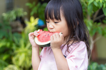 Portrait​ image​ of​ 2-3 yeas​ old​ of​ baby.​ Happy​ Asian child girl eating and biting a piece of watermelon. Enjoy eating moment. Healthy food and kid concept.​ Sucking fingers in the mouth.
