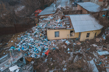 Garbage dump near an abandoned old house. Photos from the dump drone.
