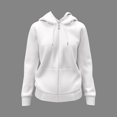 Blank hooded sweatshirt  mockup with zipper in front view, isolated on gray background, 3d rendering, 3d illustration