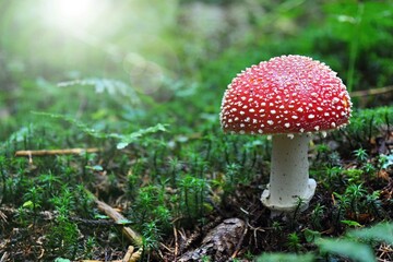 Amanita muscaria, commonly known as the fly agaric or fly amanita. Toxic and hallucinogen mushroom Fly Agaric in grass on autumn forest background. Macro close up in natural environment.