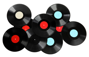 Vintage vinyl records on white background, top view