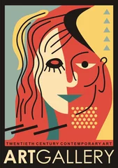 Foto auf Acrylglas Art gallery poster design with abstract woman portrait. Artistic flyer for contemporary modern art exhibition. Vintage vector artwork. © lukeruk