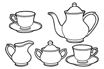 Hand drawing tea set. Teapot, milk jug, sugar bowl and cups and saucers. Black outline. Coloring page. 