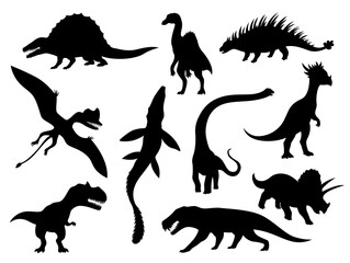 Dinosaurs and dino monsters icons. Predators and herbivores icon collection. Set of black vector silhouettes. Dinosaurs from jurassic period. Triceratops T-rex brontosaurus and others