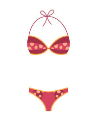 Fashion swimsuit. Flat icon of cartoon trendy female beachwear. Two-piece swimming suit or bathing girls and womans underwear lingerie. Vector colorful swimwear