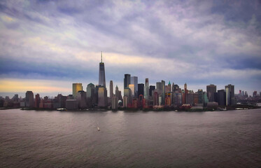 New York city Manhattan skyline cityscape at sunset from New Jersey. 