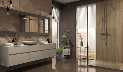 Plakat Modern bathroom interior with wooden decor in eco style