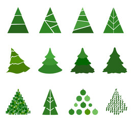 Vector set of cartoon Christmas trees, pines for greeting card, invitation, banner, web, print, poster, textile. New Years and xmas traditional symbol tree. Winter holiday. Icons collection. Green.