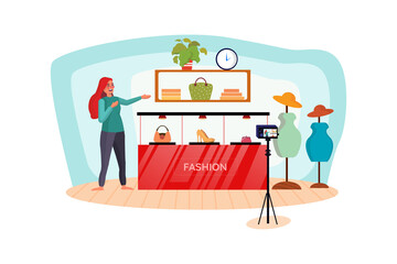 Beauty blogger selling fashion online. Blogger girl review product and talking camera live recording video on social network at home. Online selling clothes on social media