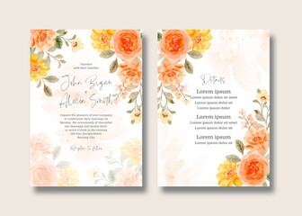 Wedding invitation card set with watercolor rose flower