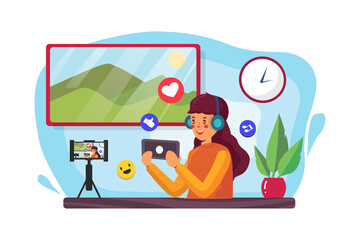 Young asian internet celebrity gamer girl introduce online mobile game to fans with smart phone and having live stream.