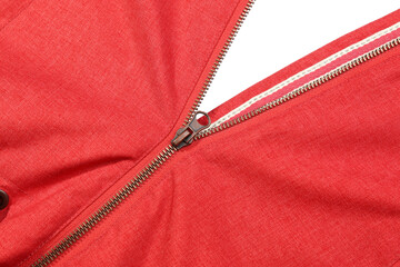 Red jacket with zipper on white background, top view