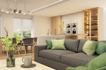 Fototapeta premium Modern interior of kitchen with living room