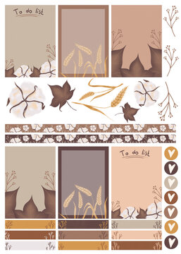 A set of stickers for the planner. Thematic set. Brown colors. Plants illustration.