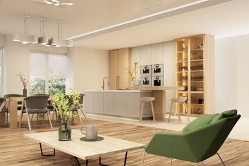 Fototapeta na wymiar Modern interior of kitchen with living room