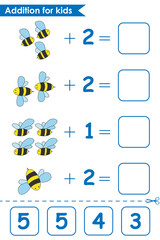 Addition game with cute bees. Math game for kids. Solve the equations by counting the bees. Worksheet for preschoolers. Vector illustration.
