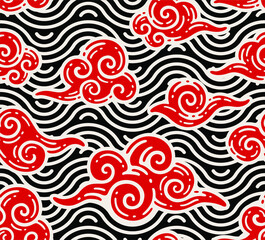 seamless pattern of red clouds with sea ornament in doodle vintage style
