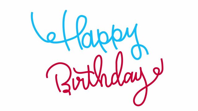 Happy Birthday text flat animation on white background. Handwritten lettering. The gradual appearance of letters. The concept of the holiday, anniversary, . Form, postcard, cutoff, caption, blank