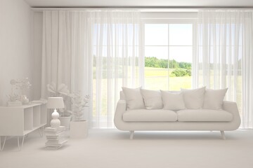 Fototapeta premium Mock up of stylish room in white color with sofa and green landscape in window. Scandinavian interior design. 3D illustration