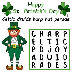 Happy Saint Patrick's Day word search puzzle for kids stock vector illustration. Funny simple word game for children in English. Help Patrick to find and mark all hidden words cartoon activity page
