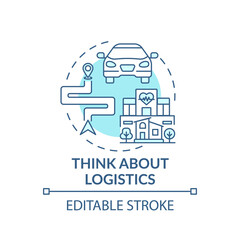 Think about logistics blue concept icon. Transportation to hospital. Clinic service. Family doctor location idea thin line illustration. Vector isolated outline RGB color drawing. Editable stroke