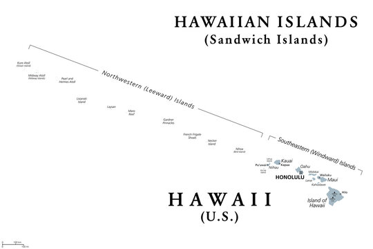 Hawaiian Islands, Sandwich Islands, gray political map. U.S. state of Hawaii with capital Honolulu, and unincorporated territory Midway Atoll. Archipelago in North Pacific Ocean. Illustration. Vector.