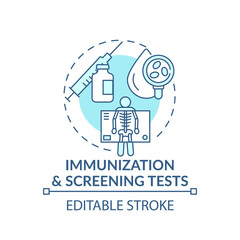 Immunization and screening tests blue concept icon. Vaccination for infection. Health examination. Family doctor idea thin line illustration. Vector isolated outline RGB color drawing. Editable stroke