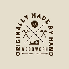 Woodwork Vector Illustration Logo Design. Woodwork Logo Template for Wood Master, Sawmill and Carpentry Service. Ax, Saw and Wood Planer Logo Concept Inspiration - obrazy, fototapety, plakaty