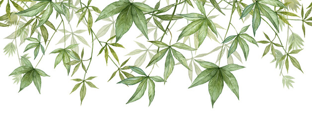 Long seamless banner with hand painted watercolor green leaves