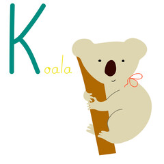 Educational Cartoon Vector Illustration Hand drawn English letter K. Alphabet with Koala. Animal Character for children design.
