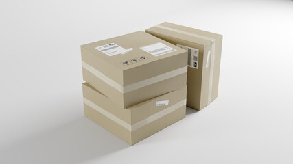 Cardboard Boxes For Package, Shipping and Delivery, Organized, With Signs and Labels, White Background, Perspective View, 3D Illustration