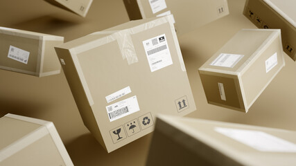 Cardboard Boxes Thrown into the Air, For Package, Shipping and Delivery, With Signs and Labels, Beige Background, Perspective View, 3D Illustration 2