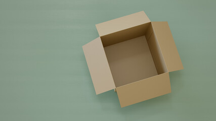 Single Open Cardboard Box For Package, Shipping and Delivery, With Signs and Label, Green Background, Top View, 3D Illustration