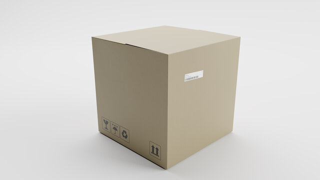 Single Cardboard Box For Package, Shipping and Delivery, With Signs and Label, White Background, Perspective View 1, 3D Illustration