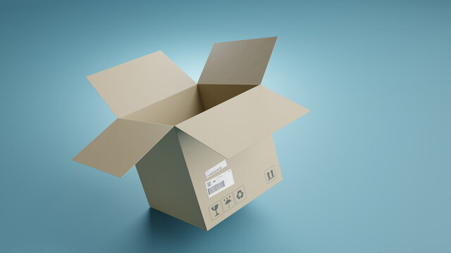Single Open Cardboard Box For Package, Shipping and Delivery, With Signs and Label, Blue Background, Perspective View, 3D Illustration