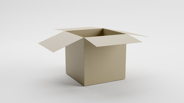 Single Open Cardboard Box For Package, Shipping and Delivery, With Signs and Label, White Background, Perspective View, 3D Illustration