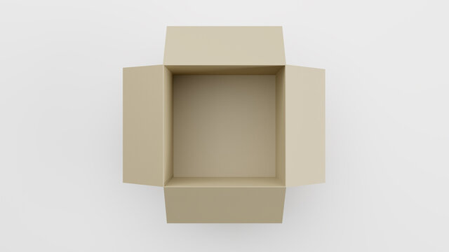 Single Open Cardboard Box For Package, Shipping and Delivery, With Signs and Label, White Background, Top View, 3D Illustration