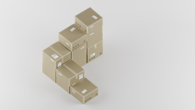 Stairs made of Cardboard Boxes For Package, Shipping and Delivery, With Signs and Labels, White Background, Isometric Perspective, Concept Image 1, 3D Illustration