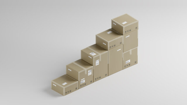 Stairs made of Cardboard Boxes For Package, Shipping and Delivery, With Signs and Labels, White Background, Isometric Perspective, Concept Image 2, 3D Illustration