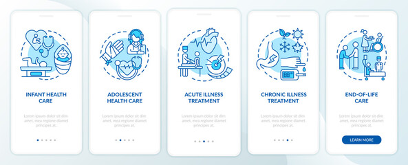 Fototapeta na wymiar Family doctor support blue onboarding mobile app page screen with concepts. Medicine walkthrough 5 steps graphic instructions. UI, UX, GUI vector template with linear color illustrations