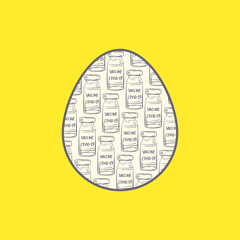 Bottles of covid-19 vaccine pattern inside Easter egg shape. Design element for Easter holidays in coronavirus pandemic times, minimal contemporary art yellow and gray colors