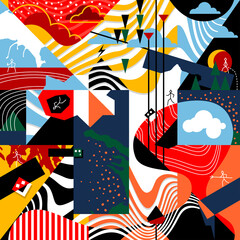 Obraz premium Modern geometric abstract covers templates. Seamless texture for printing on fabric Cubism style art shapes. Brochure, flyer, poster background composition. Vector wallpaper