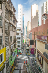 Hong Kong, China - December 4, 2016: aerial view of Central-Mid-Levels Escalator, the world's longest escalator system, on Shelley Street, from above Elgin Street in Soho district, Hong Kong island.