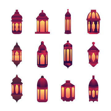 Islamic holy night of Ramadan Kareem, theme design background. Islamic Lantern collection set vector illustration