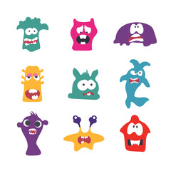 Fototapeta premium Cute Cartoon Monsters illustration. Flat vector collection. Collection of cute, colorful cartoon monsters. Vector illustration. Flat design.
