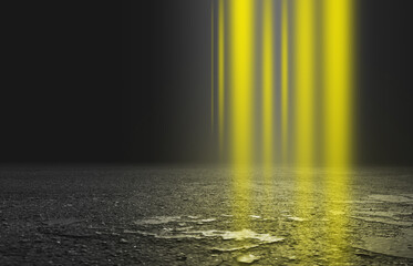 Empty stage background, smoke, fog, smog. Yellow neon glow, spotlight. 3d illustration