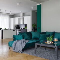 Elegant emerald green sofa in spacious apartment